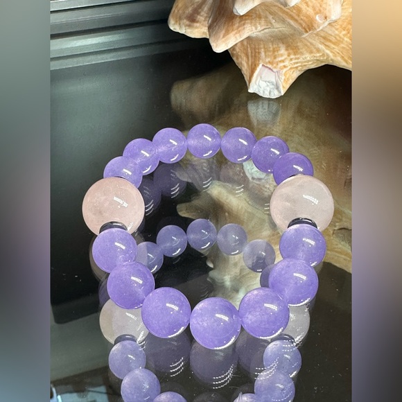 LILAC QUARTZ + PINK QUARTZ NATURAL STONES BRACELET size 7” - Picture 3 of 8